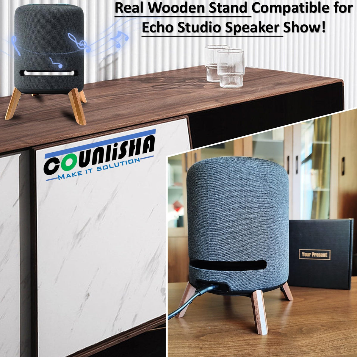Counlisha Real Wood Stand side view demonstrates elegant walnut finish.