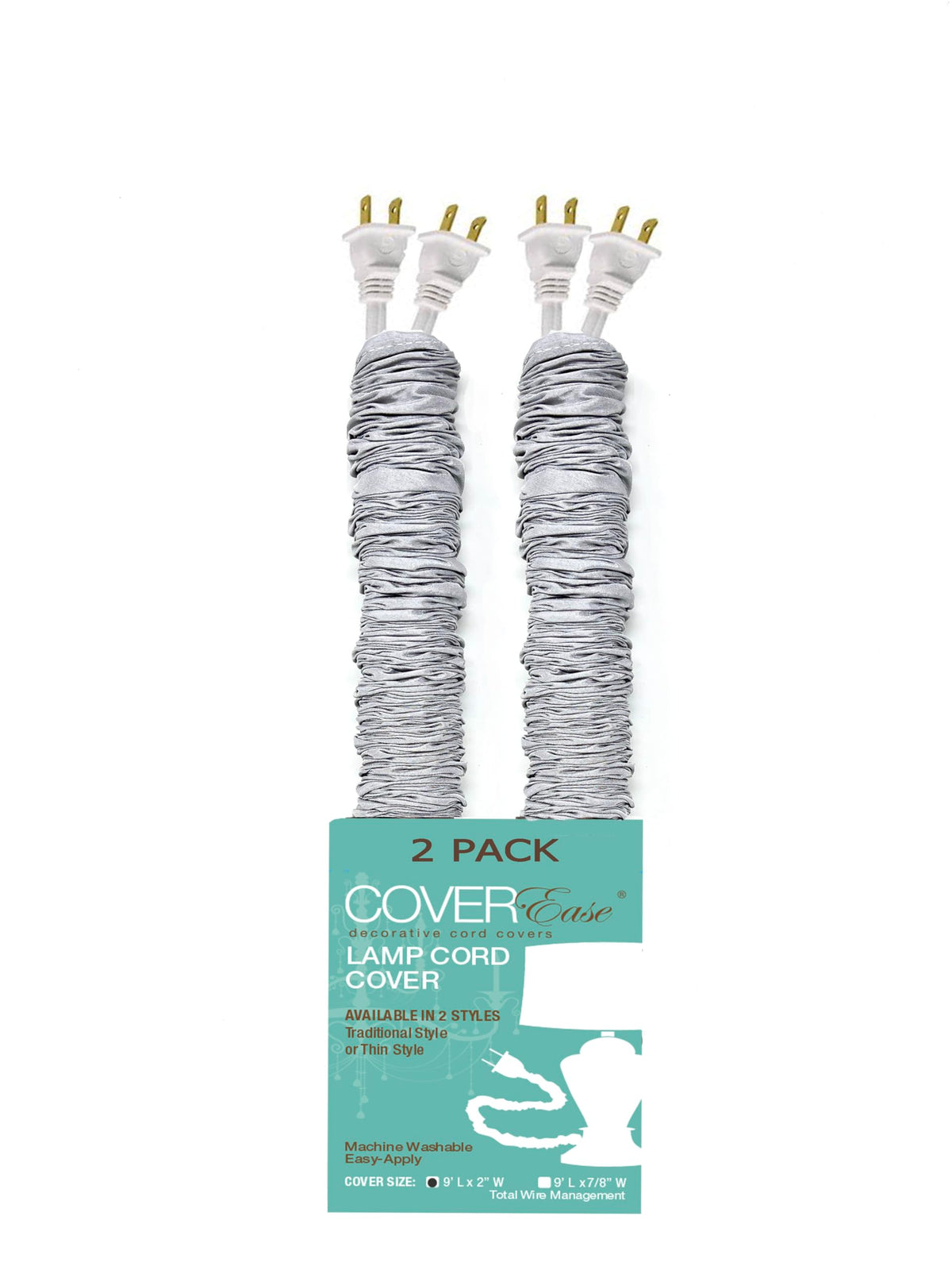 COVER EASE DECORATIVE CORD COVERS front pack showing gray fabric and length benefit