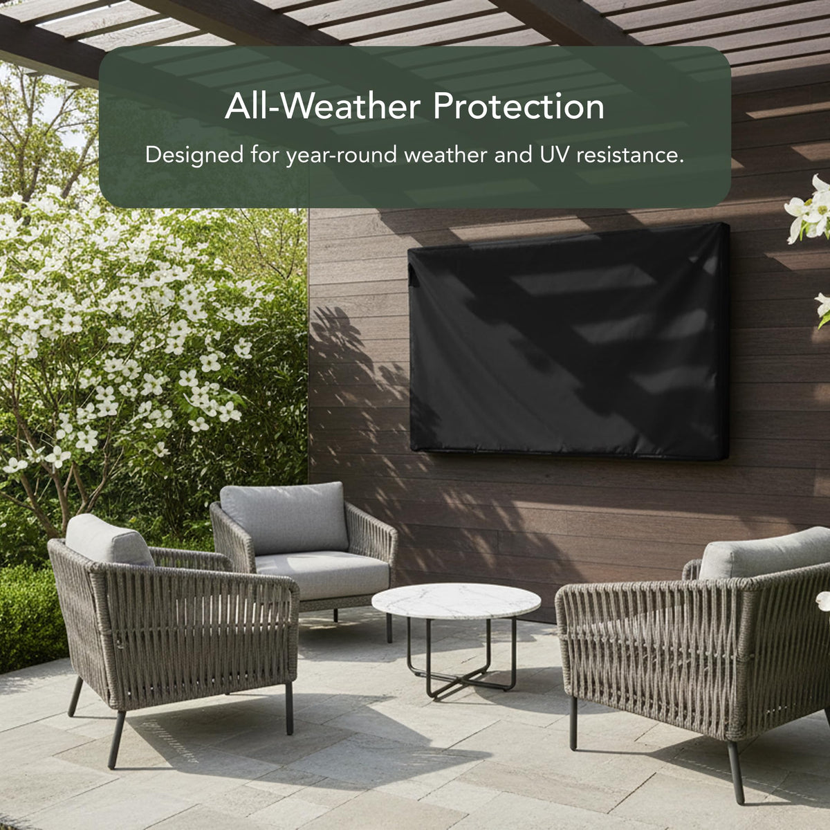 Covermates outdoor mounted TV covered on patio demonstrating protection benefit