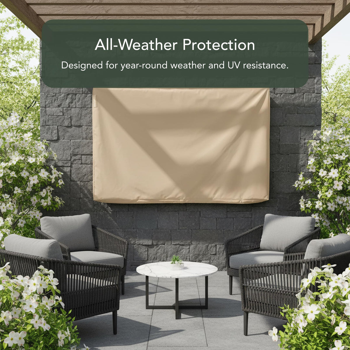 Covermates size guide close-up: fits 42–45 inch TVs with mounts.