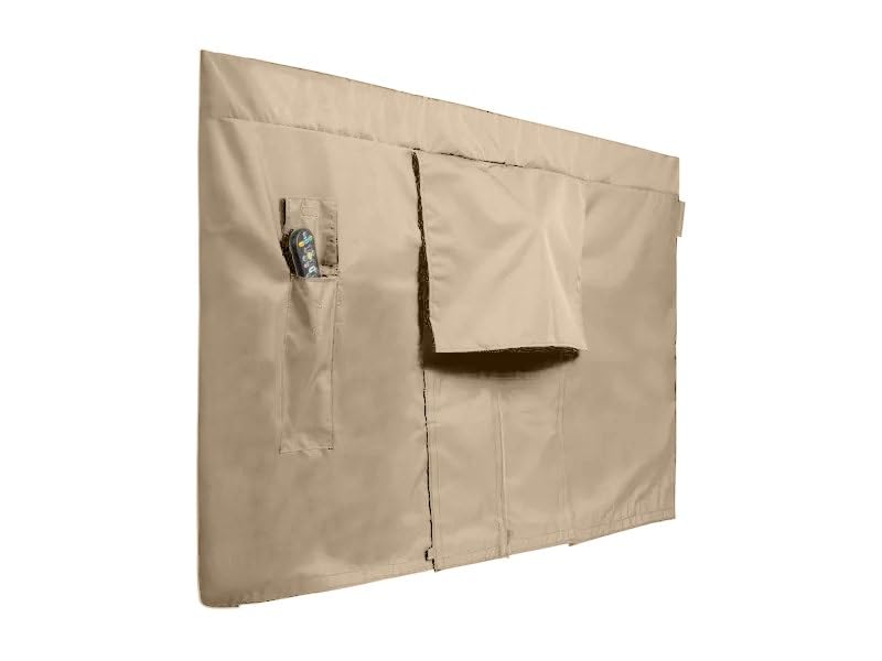 Covermates front view: outdoor full TV cover protects mounted screens from sun and rain.