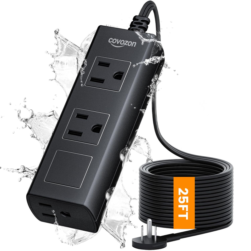 Covozon 25 ft waterproof outdoor extension cord powers wet outdoor spaces.