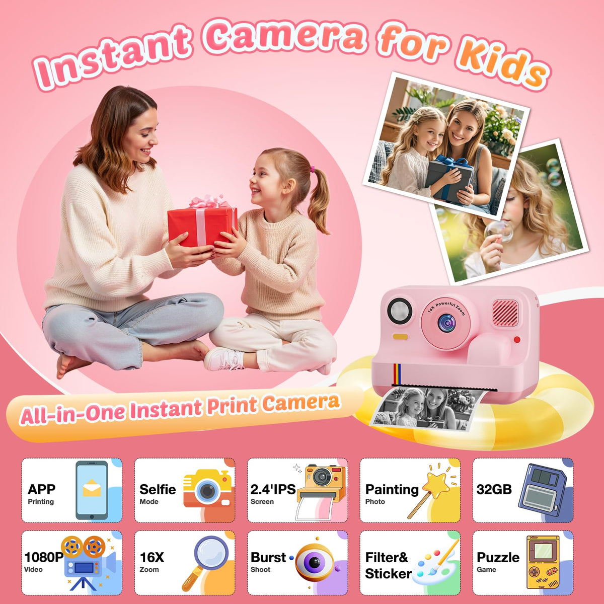 Cowilax instant print camera for kids back view, showcasing durable kid‑friendly build