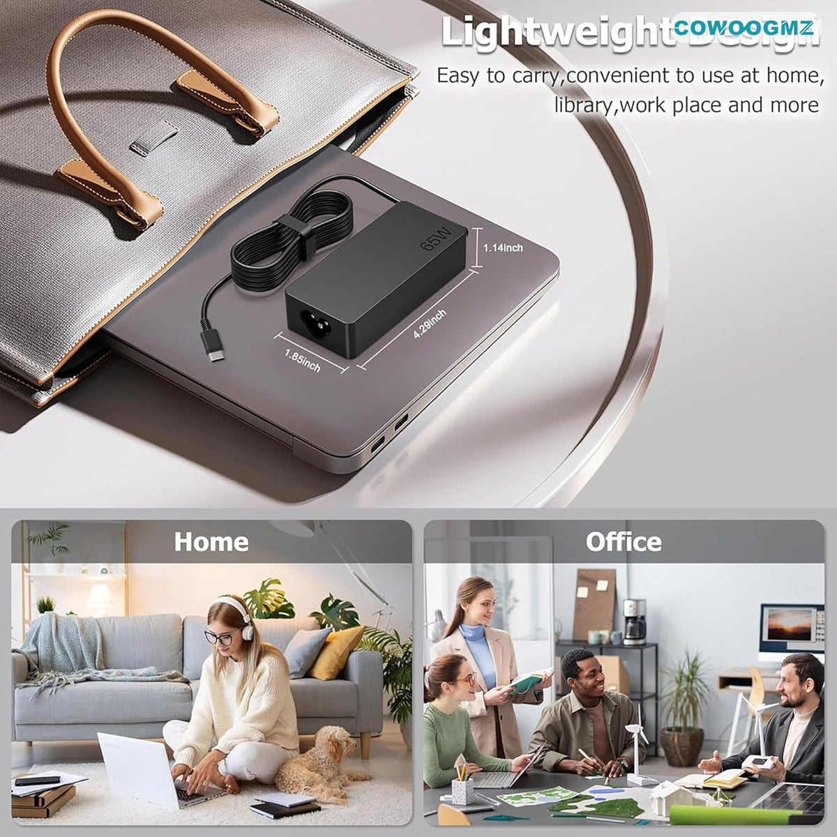COWOOGMZ 65W USB-C laptop charger compact design for travel and desk use