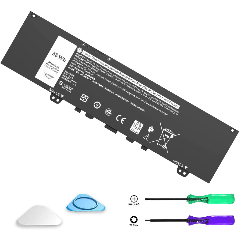 COWOOGMZ F62GO battery packaging highlights compatibility with Dell Inspiron and Vostro laptops.