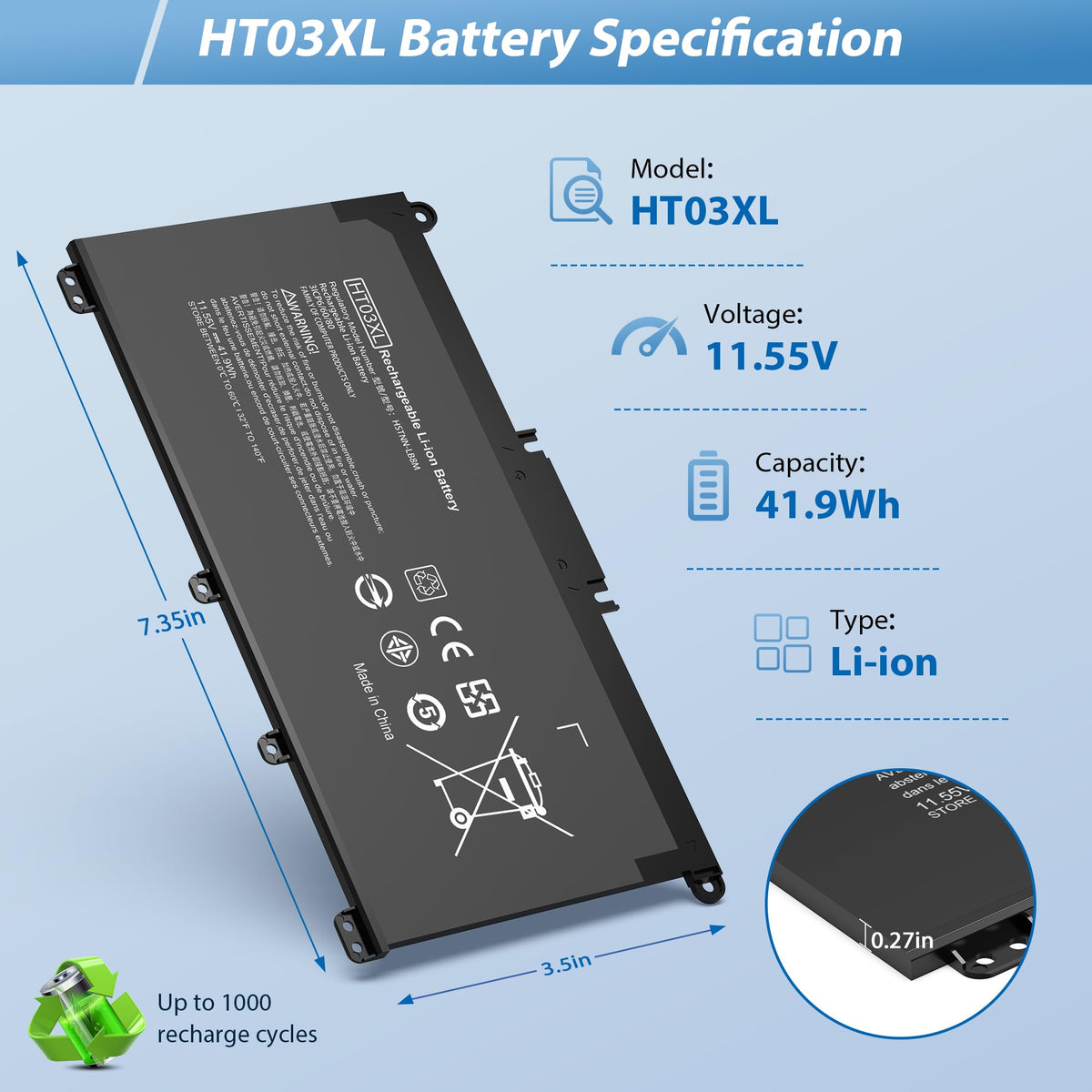 COWOOGMZ HT03XL battery side ports, easy connection to HP Pavilion models