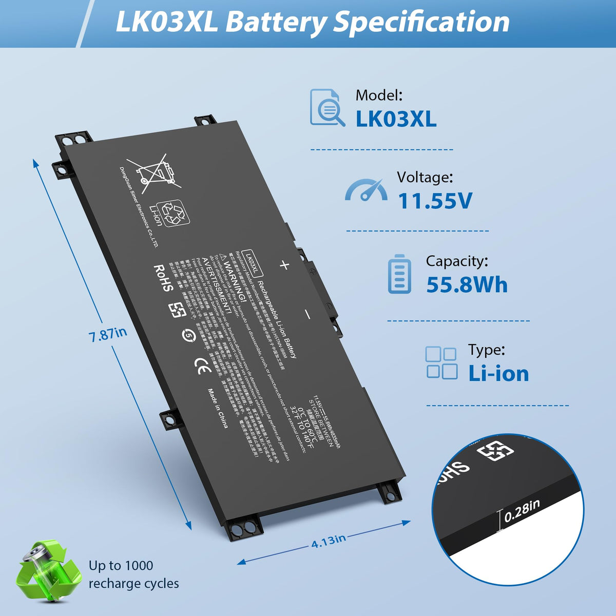 COWOOGMZ LK03XL battery label showing part numbers for accurate replacement