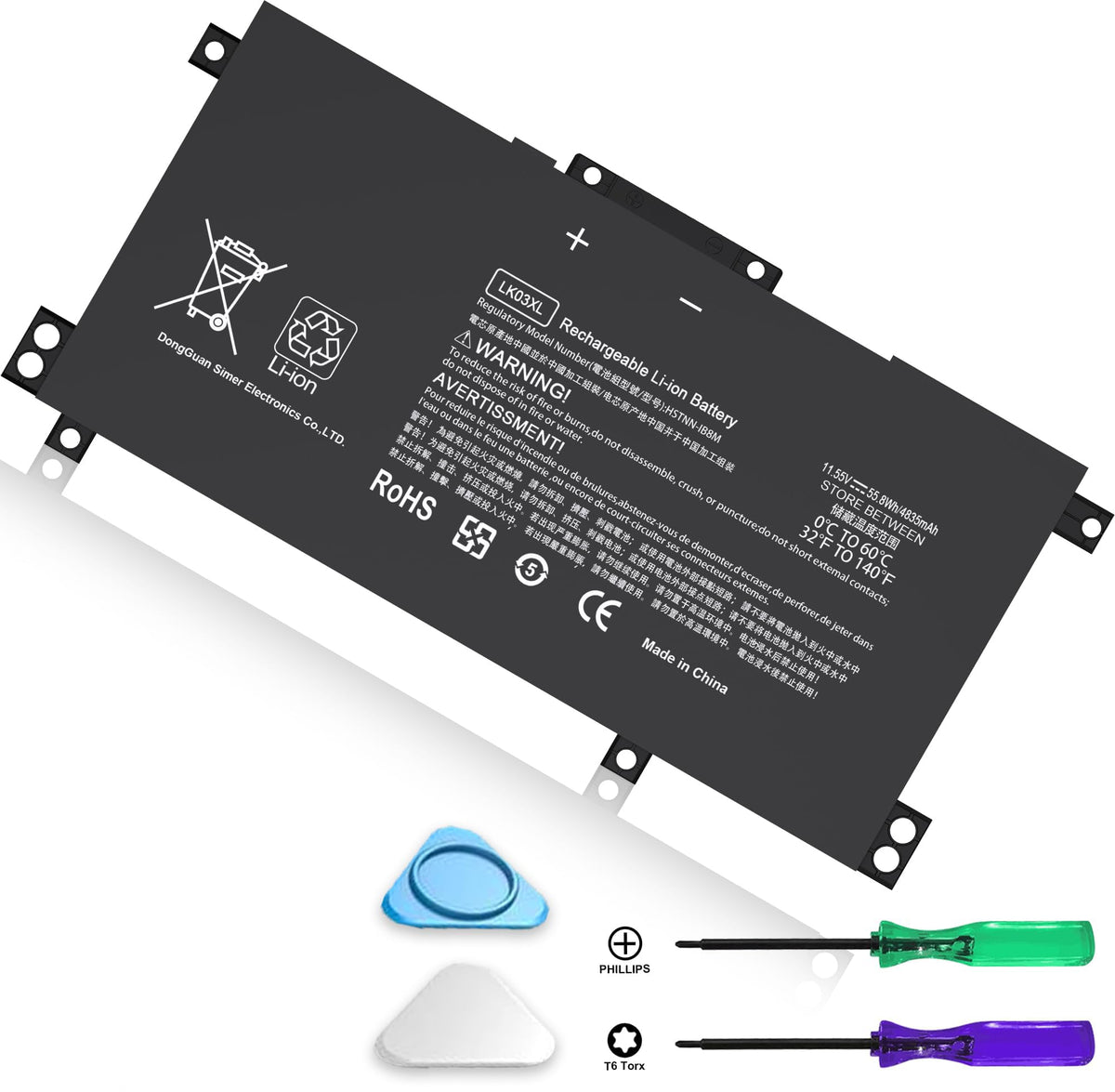 COWOOGMZ LK03XL battery top view showing compact 3-cell design for HP Envy series