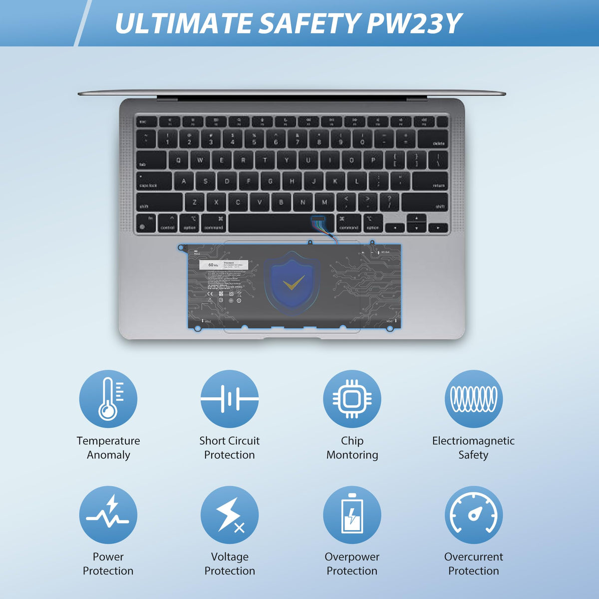 PW23Y battery packaging label showing specs and safety notes