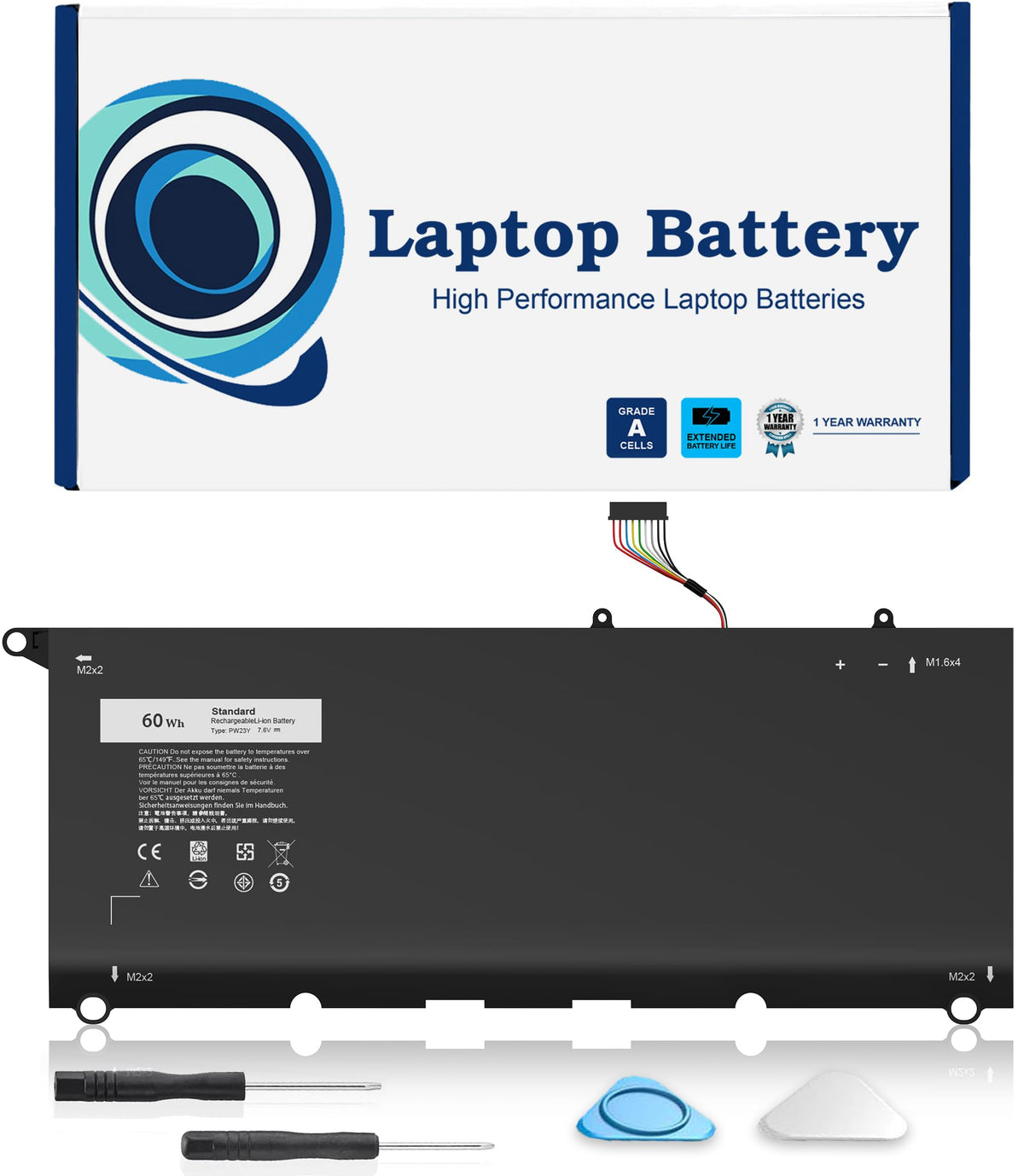 COWOOGMZ PW23Y battery for Dell XPS 9360, front view; reliable daily power