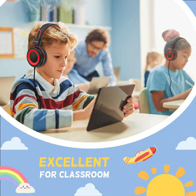Cowyawn child wearing headphones in classroom for focused learning
