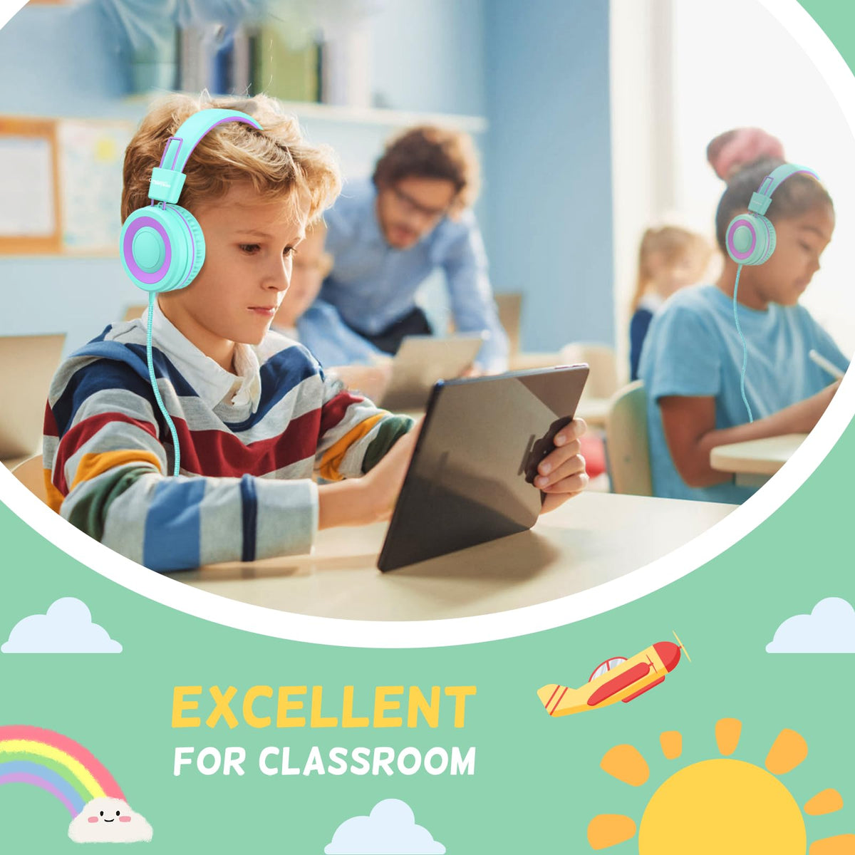 Cowyawn child wearing headphones at desk illustrating focused study benefit
