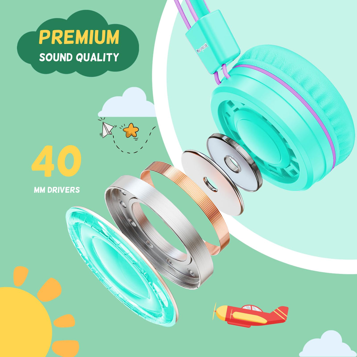 Cowyawn earcup close-up showing memory foam and comfortable fit for kids