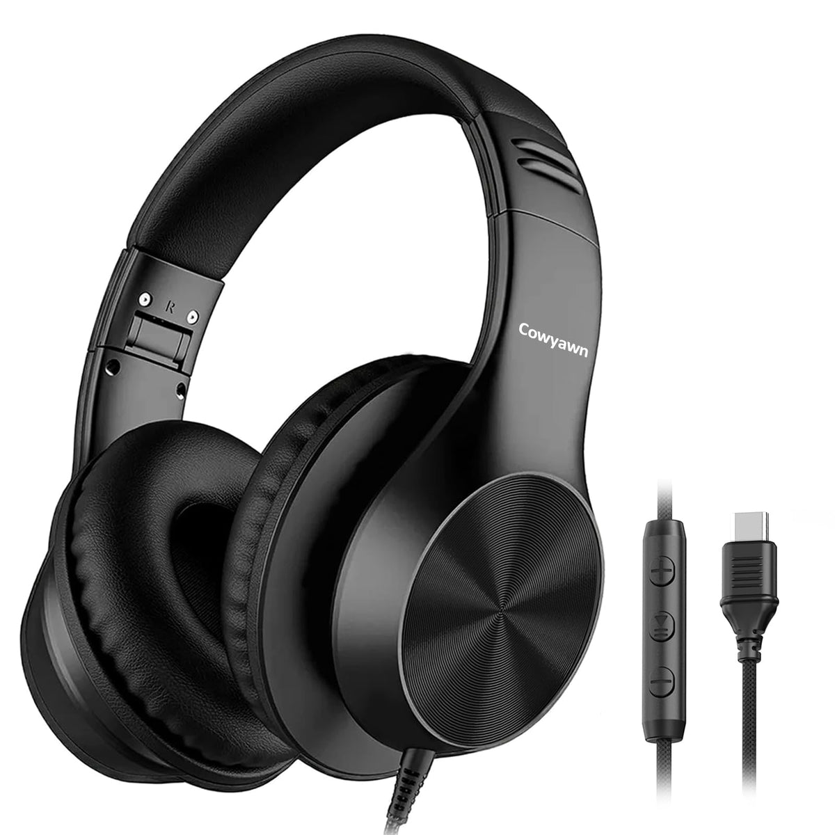 Cowyawn front view of black over‑ear headphones showing comfortable fit and portability