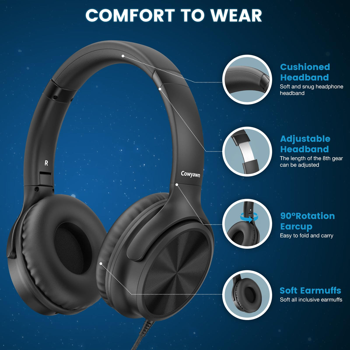 Cowyawn USB-C headphones internal microphone for clear calls