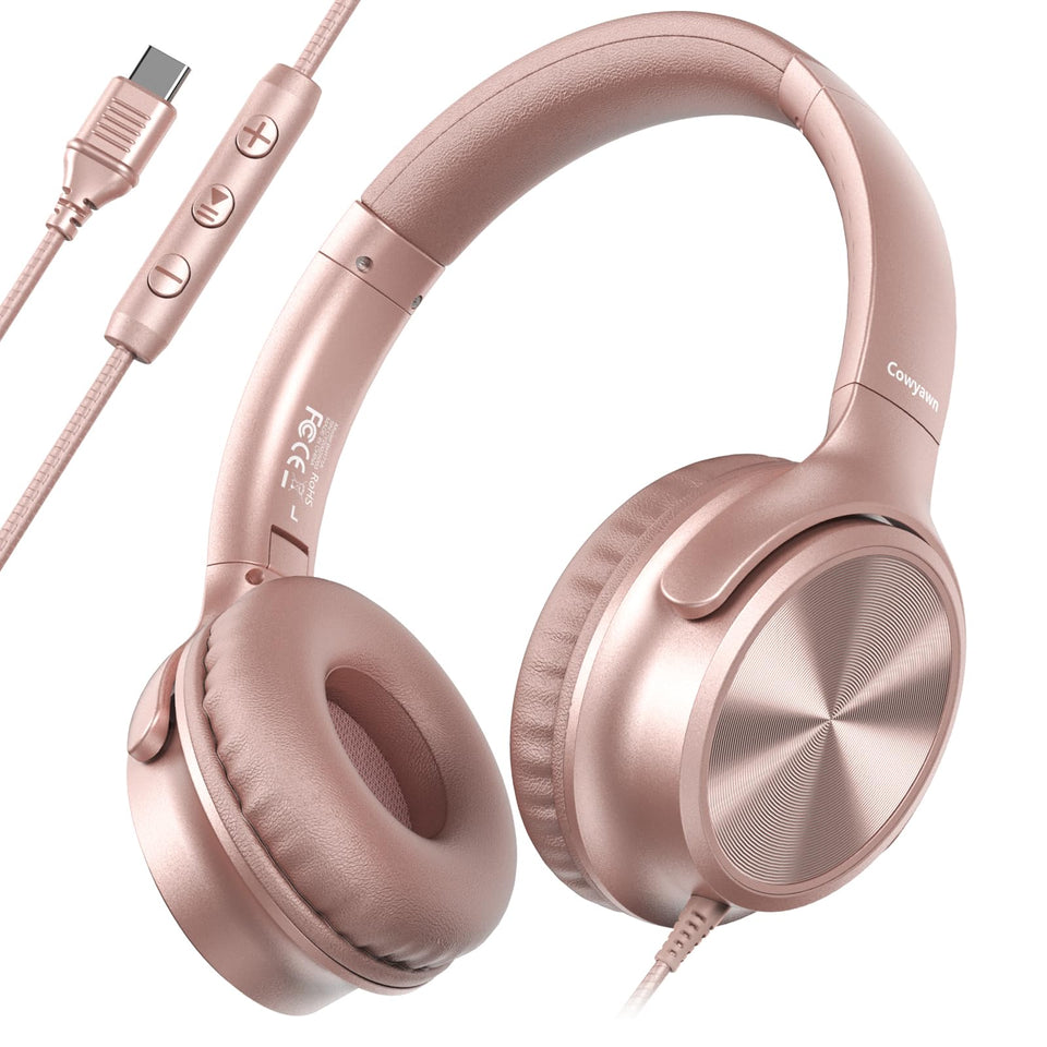 Cowyawn USB-C headphones front view in rose finish for comfortable over-ear listening