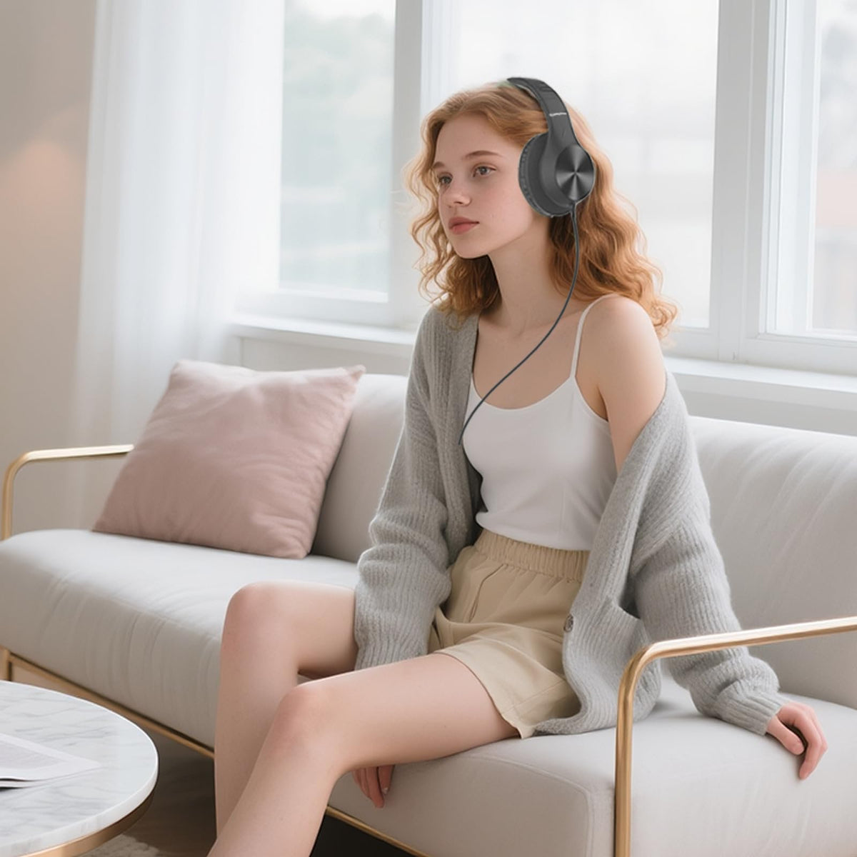 Cowyawn headphones beside a smartphone showing size and everyday scale