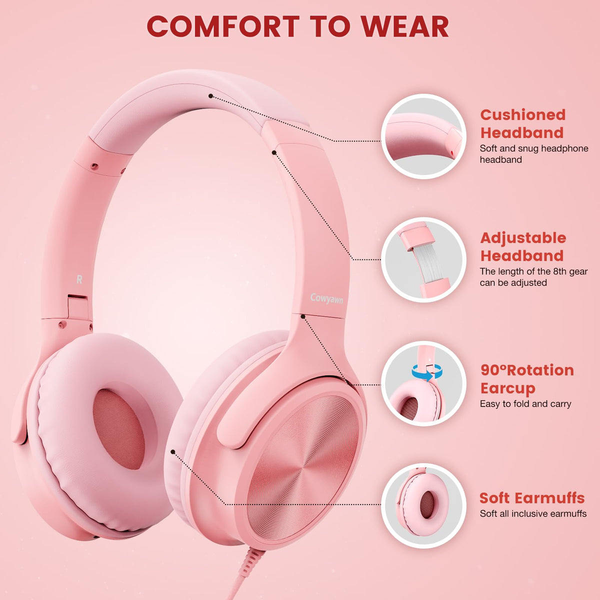 Cowyawn USB-C headphones 40mm driver delivering balanced bass and clear highs.