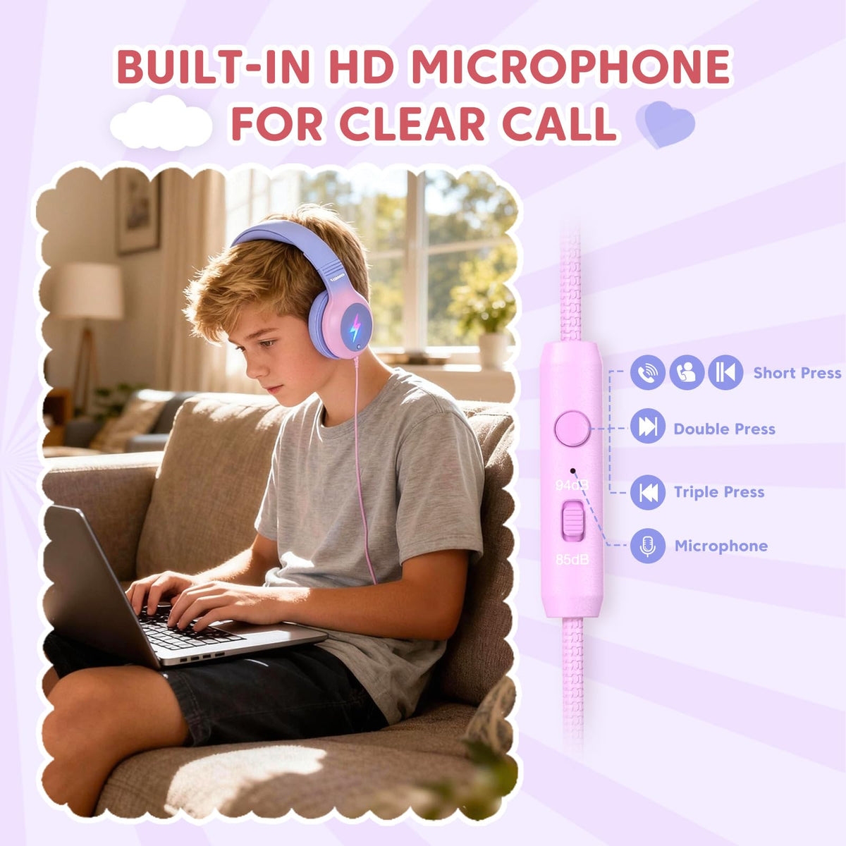 Cowyawn USB-C kid headphones volume control 85/94 dB