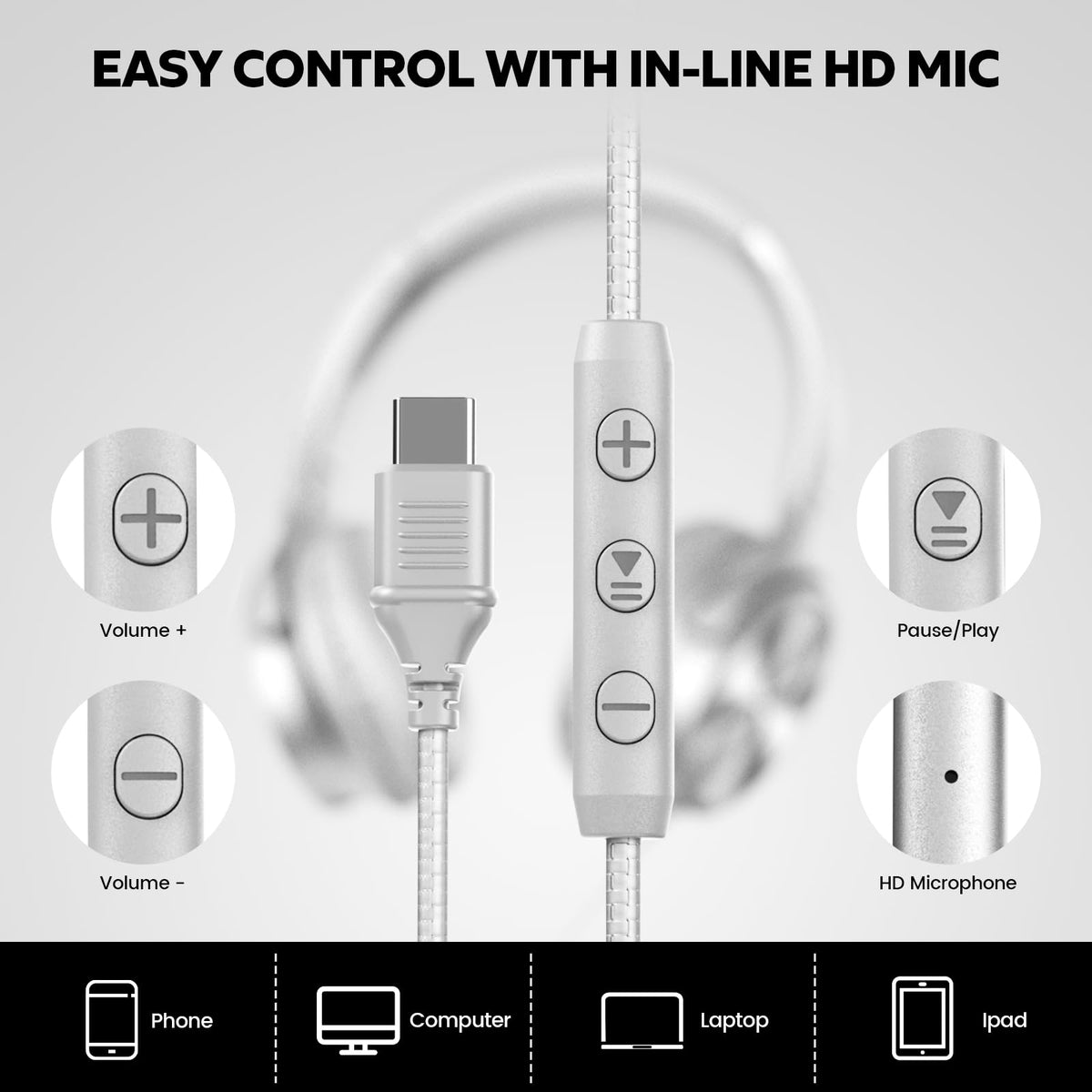 Cowyawn USB-C headphones with 90-degree swivel earcups for compact packing.