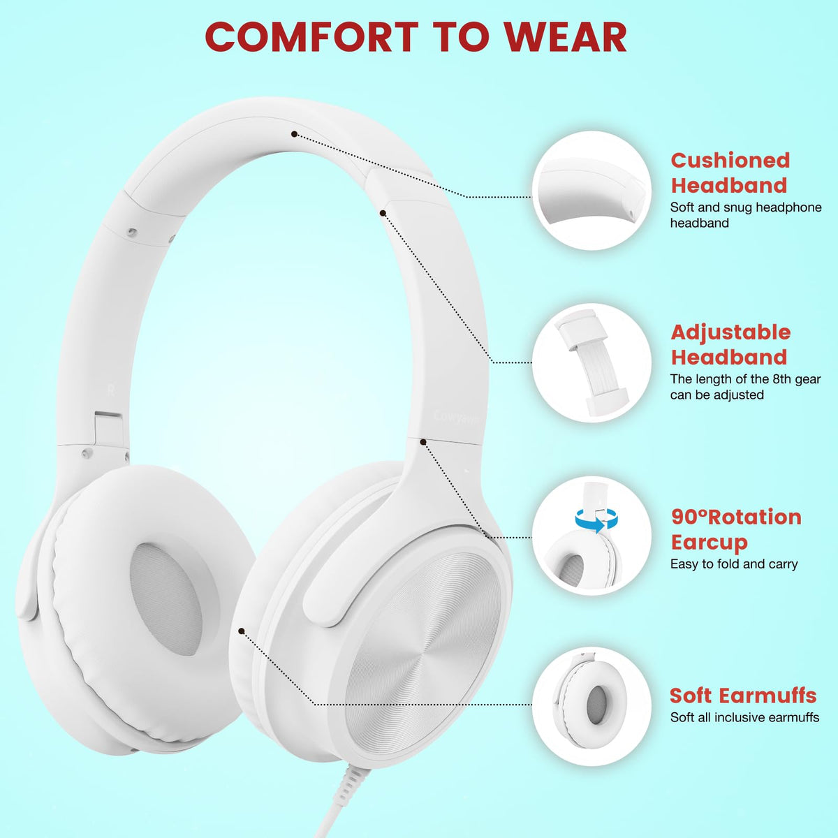 Foldable Cowyawn USB-C headphones designed for compact travel