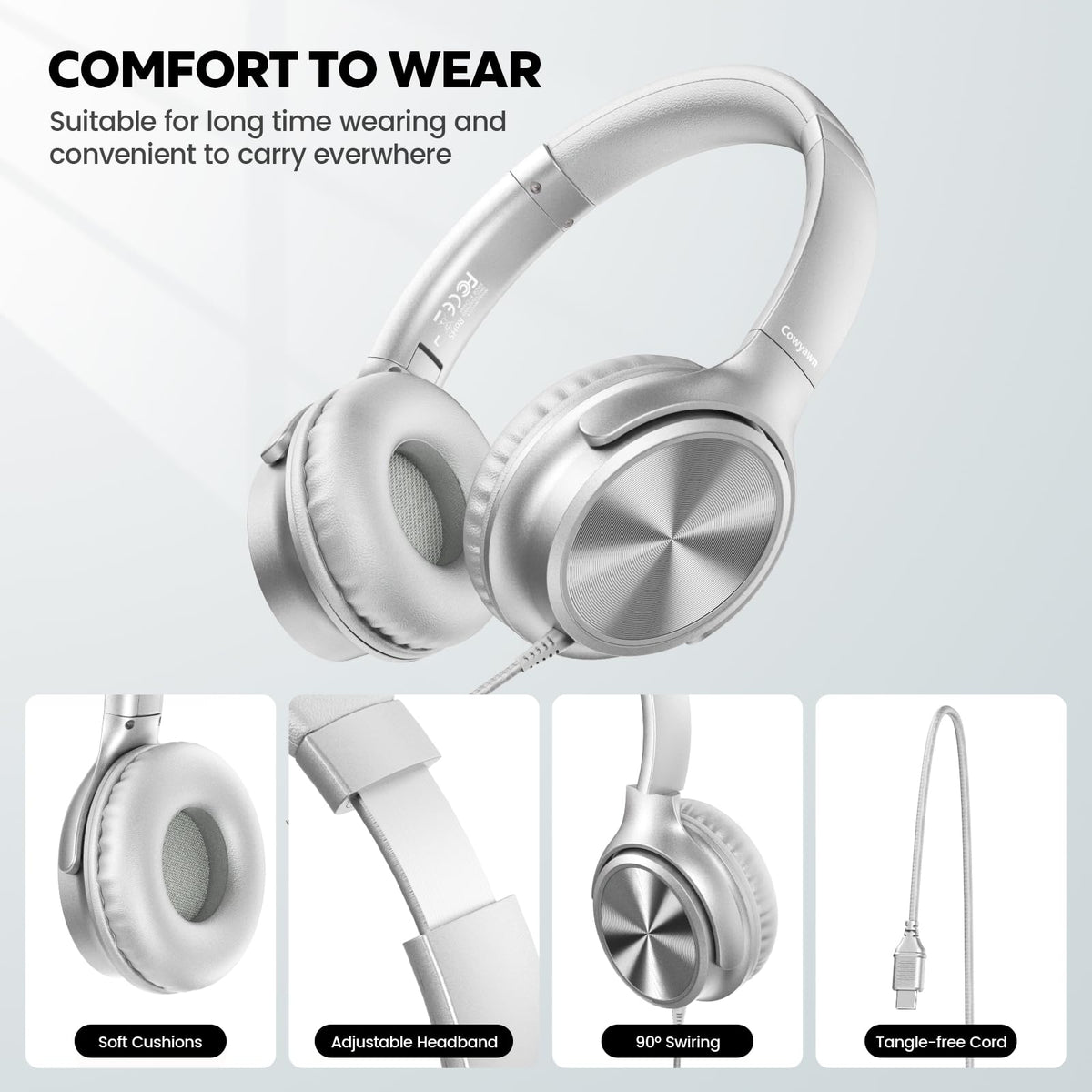 Cowyawn USB-C headphones foldable design for easy travel and storage.
