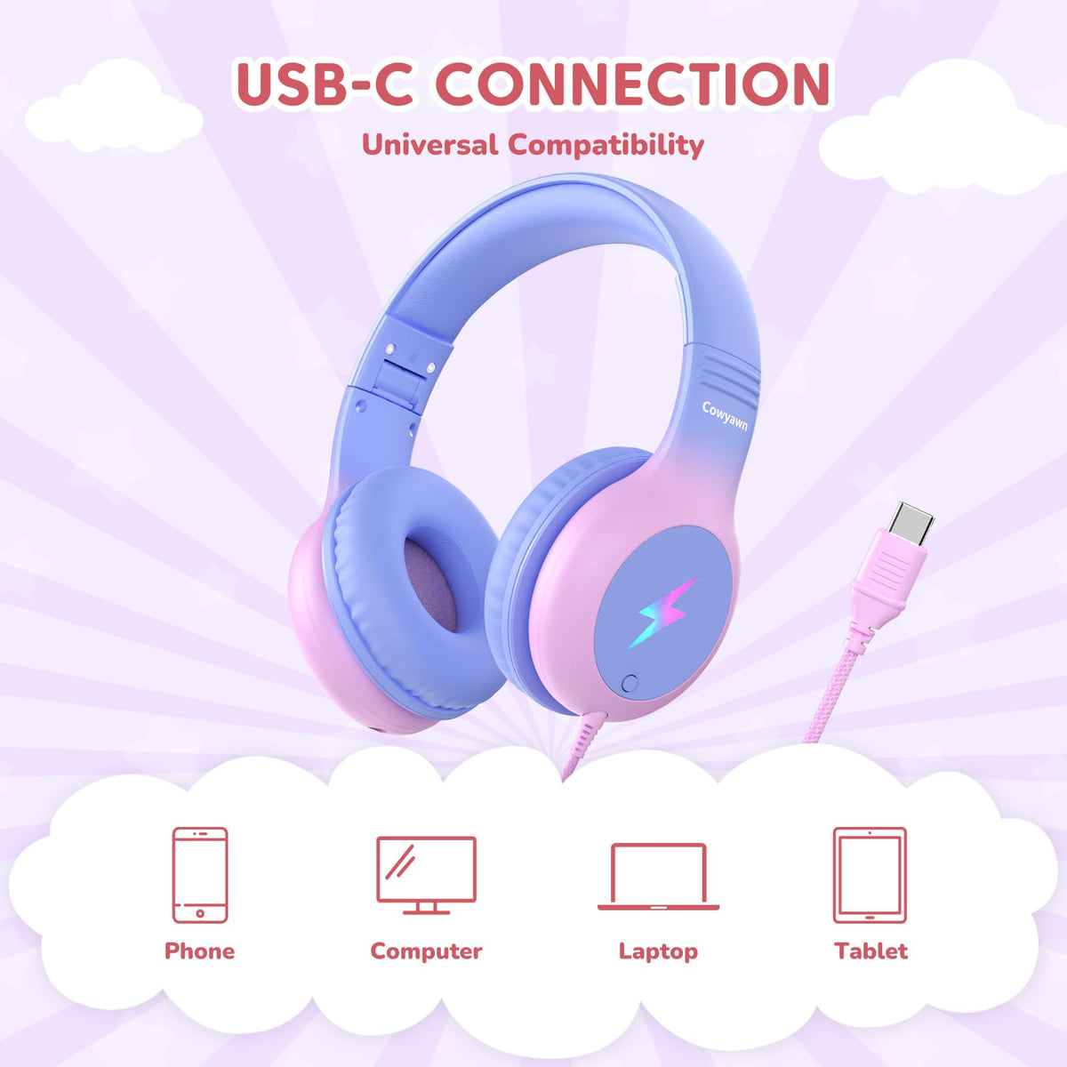 Cowyawn USB-C kid headphones foldable design and soft ear cushions