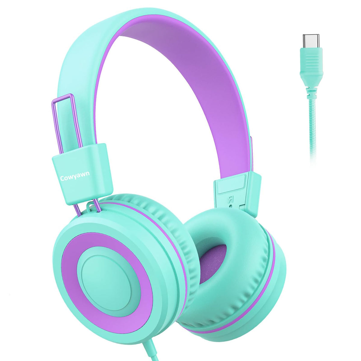Cowyawn front view showing purple green headphones and benefits of safe listening