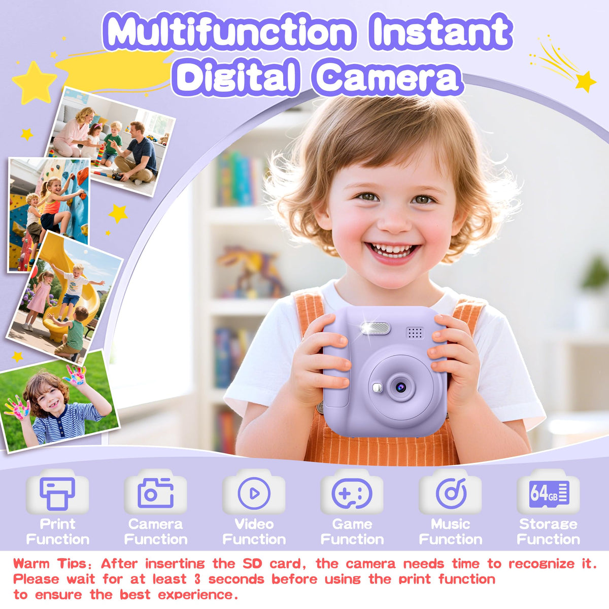 Coxlame Kids Camera Instant Print back panel highlighting easy access to paper and ports