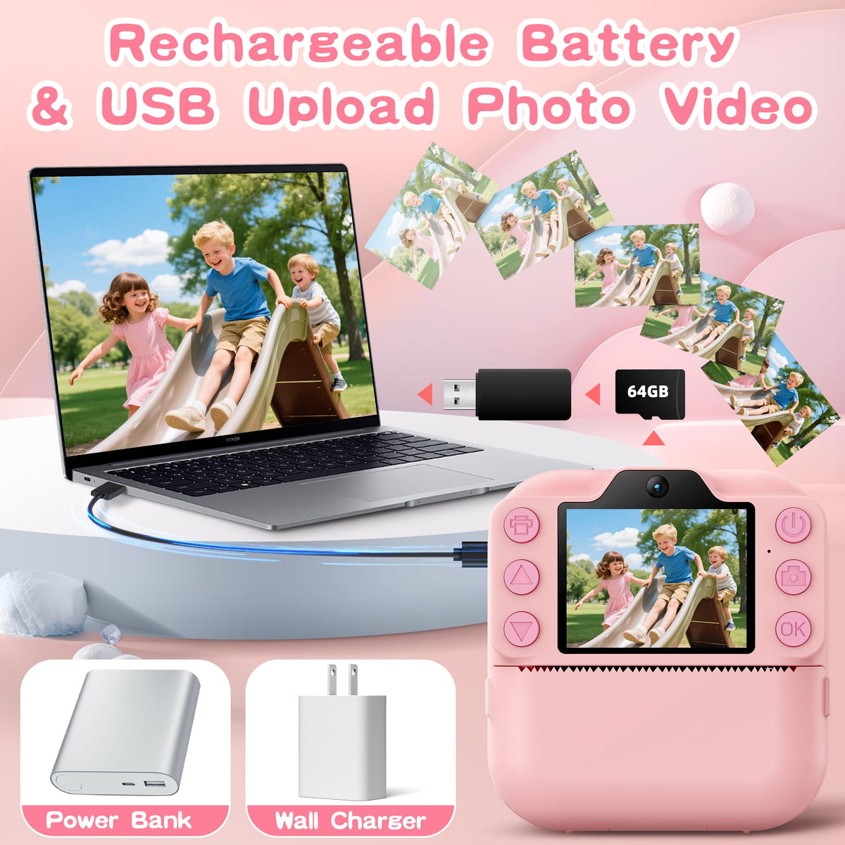 Coxlame Kids Instant Print Camera USB-C charging for quick recharges
