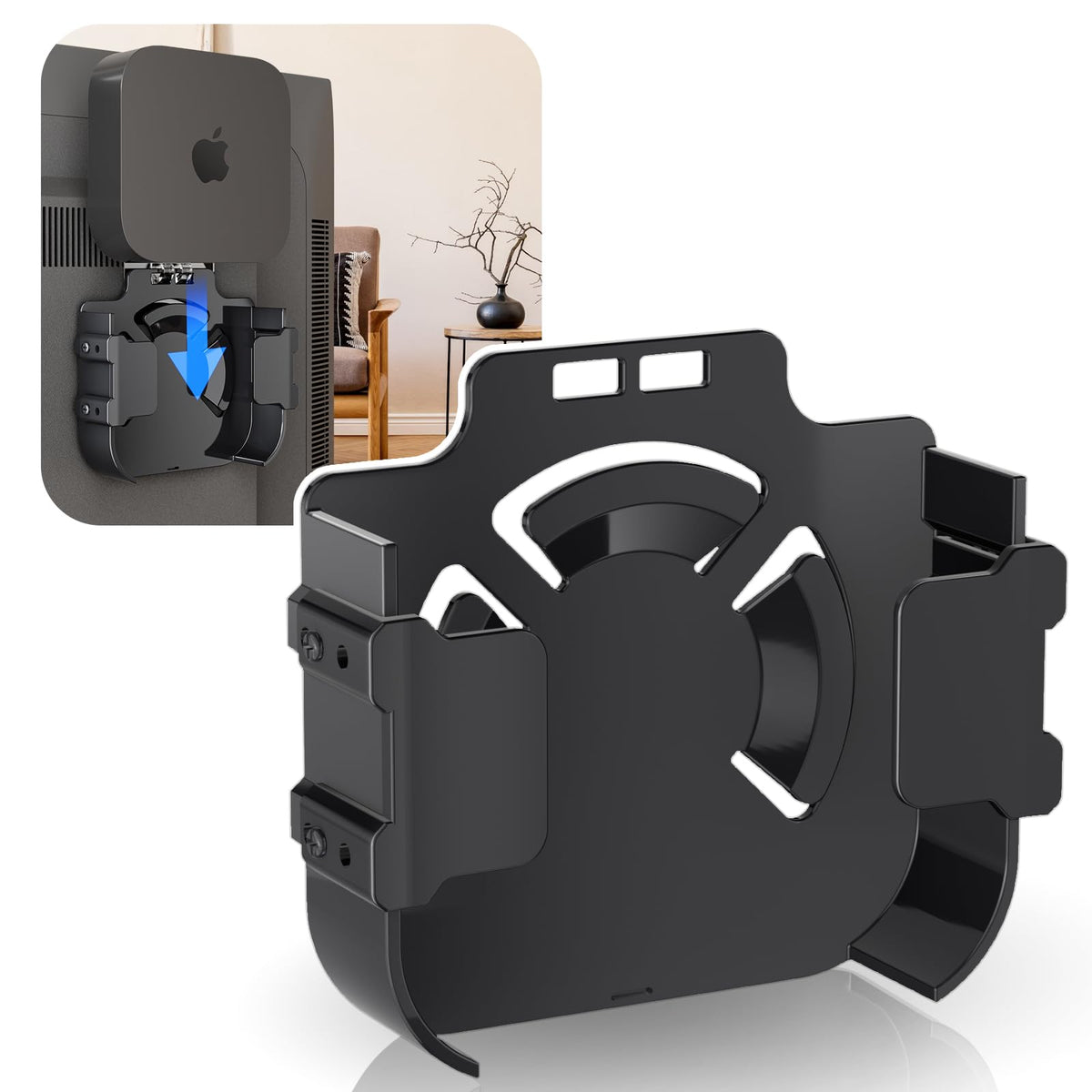 Cozcty Apple TV mount secured to the back of a TV for a clean, cable-free look.