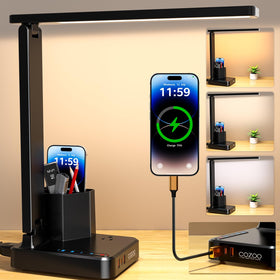 Cozoo LED desk lamp with USB ports and outlet powering multiple devices.