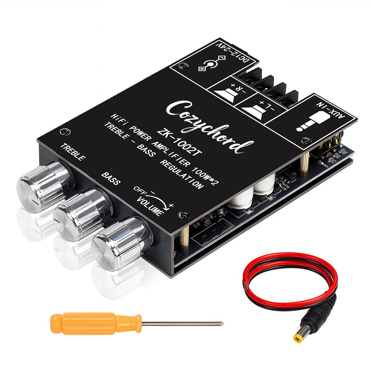 Cozychord ZK-1002T board on a case, showcasing compact DIY amplifier design for home audio