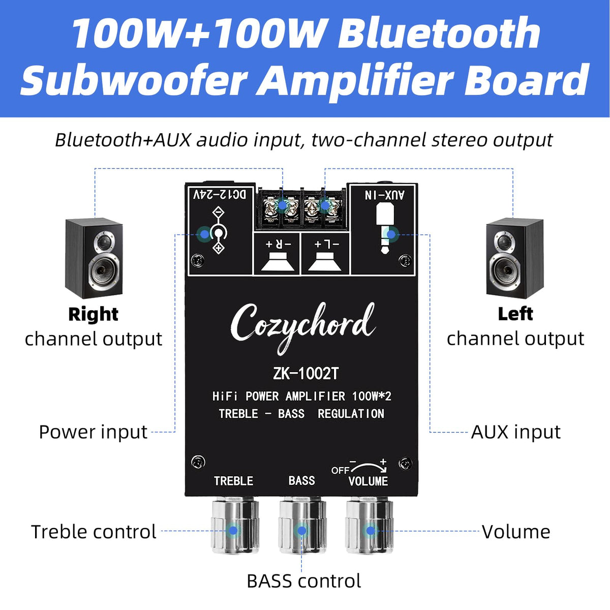 AUX input jack on Cozychord ZK-1002T for versatile source connections