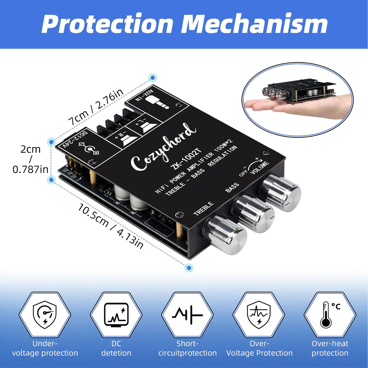 Dual TPA3116D2 chips visible on Cozychord ZK-1002T for HiFi performance and clarity