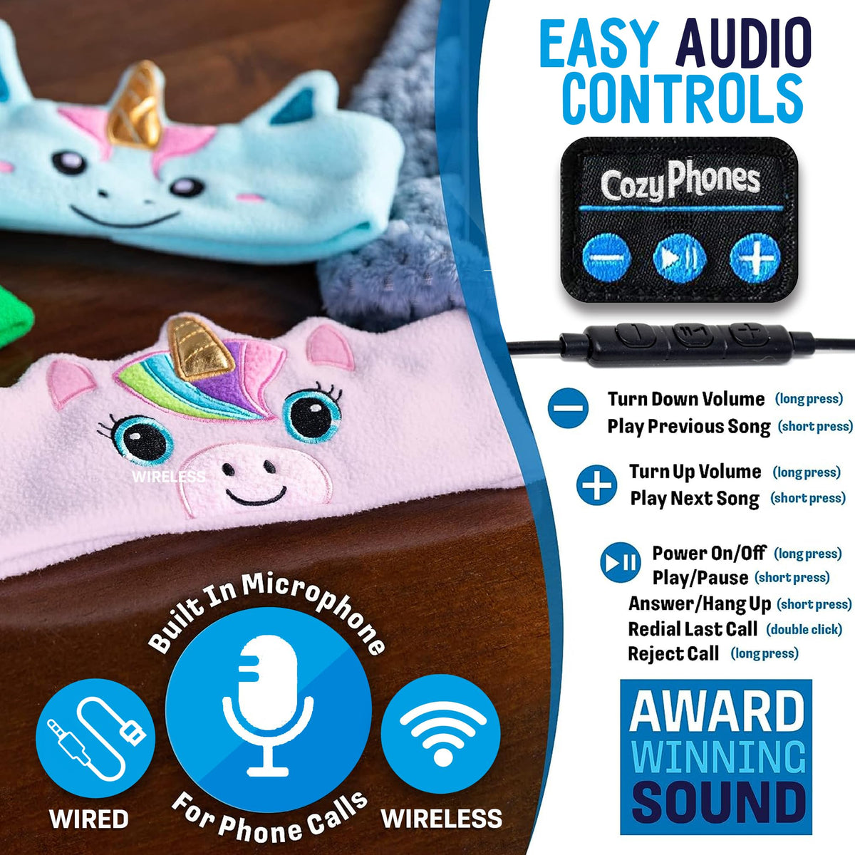 CozyPhones 3.5 mm cable and jack image showing wired backup and compatibility benefit