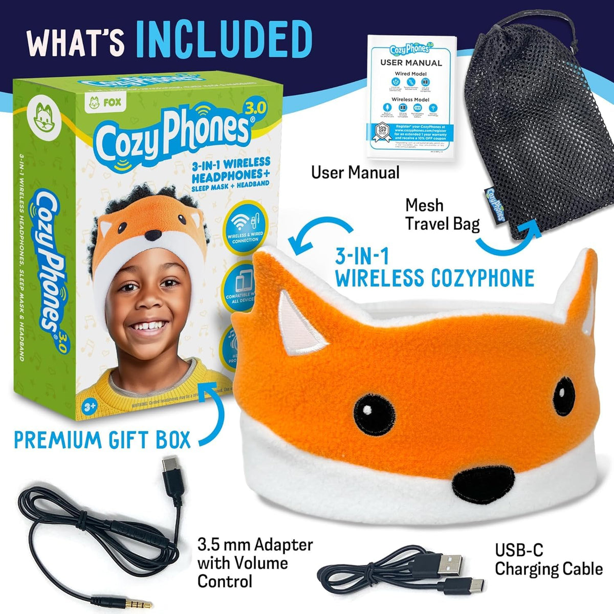 CozyPhones wired adapter and 3.5 mm cable with in-line mic for non-Bluetooth devices