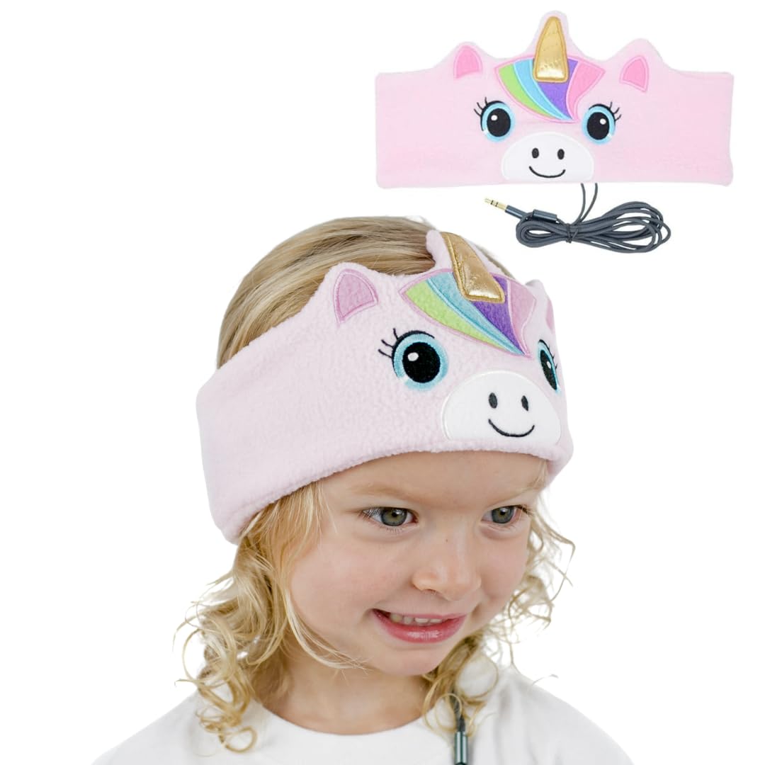 CozyPhones pink unicorn over-ear kids headphones with soft stretch headband and safe 90 dB limit.