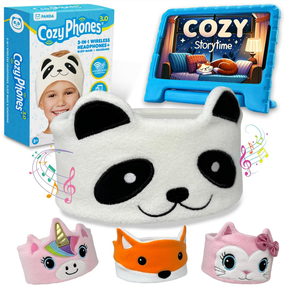 CozyPhones panda front view showing plush headband and cute design, promoting comfort
