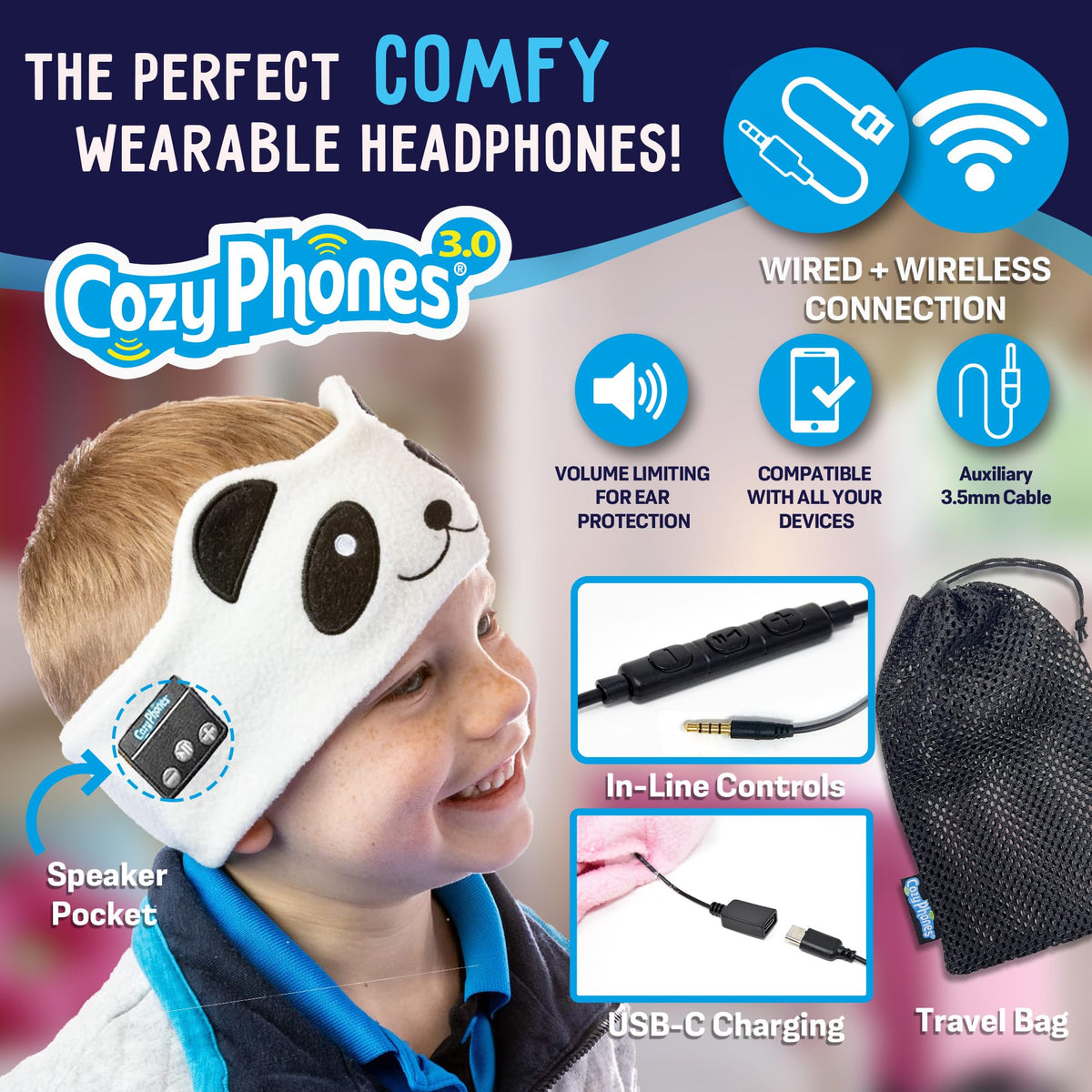 CozyPhones wired adapter and 3.5 mm cable displayed for compatibility and convenience