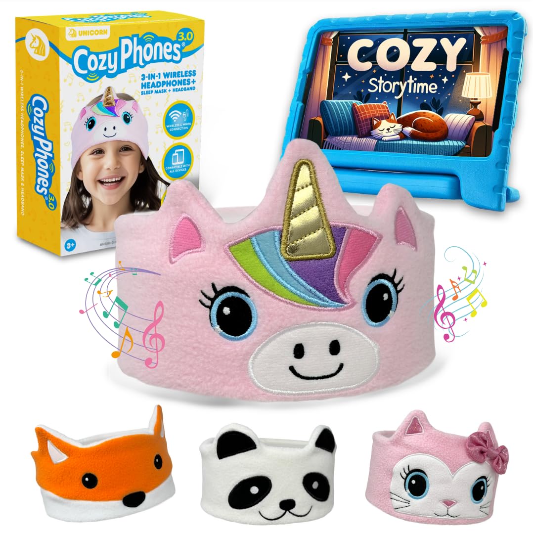 CozyPhones Pink Unicorn front view showing soft headband and friendly design for comfort