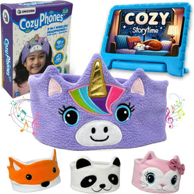 CozyPhones purple unicorn front view showing soft headband and unicorn print, comfortable fit