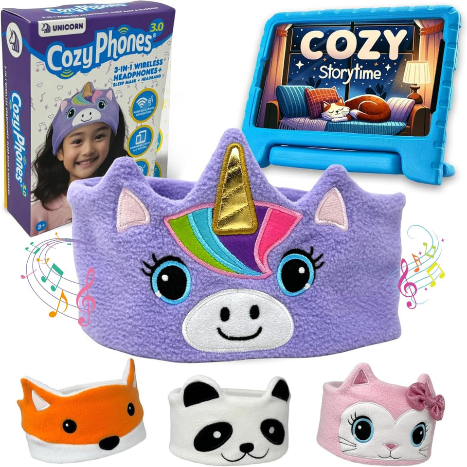 CozyPhones purple unicorn front view showing soft headband and unicorn print, comfortable fit
