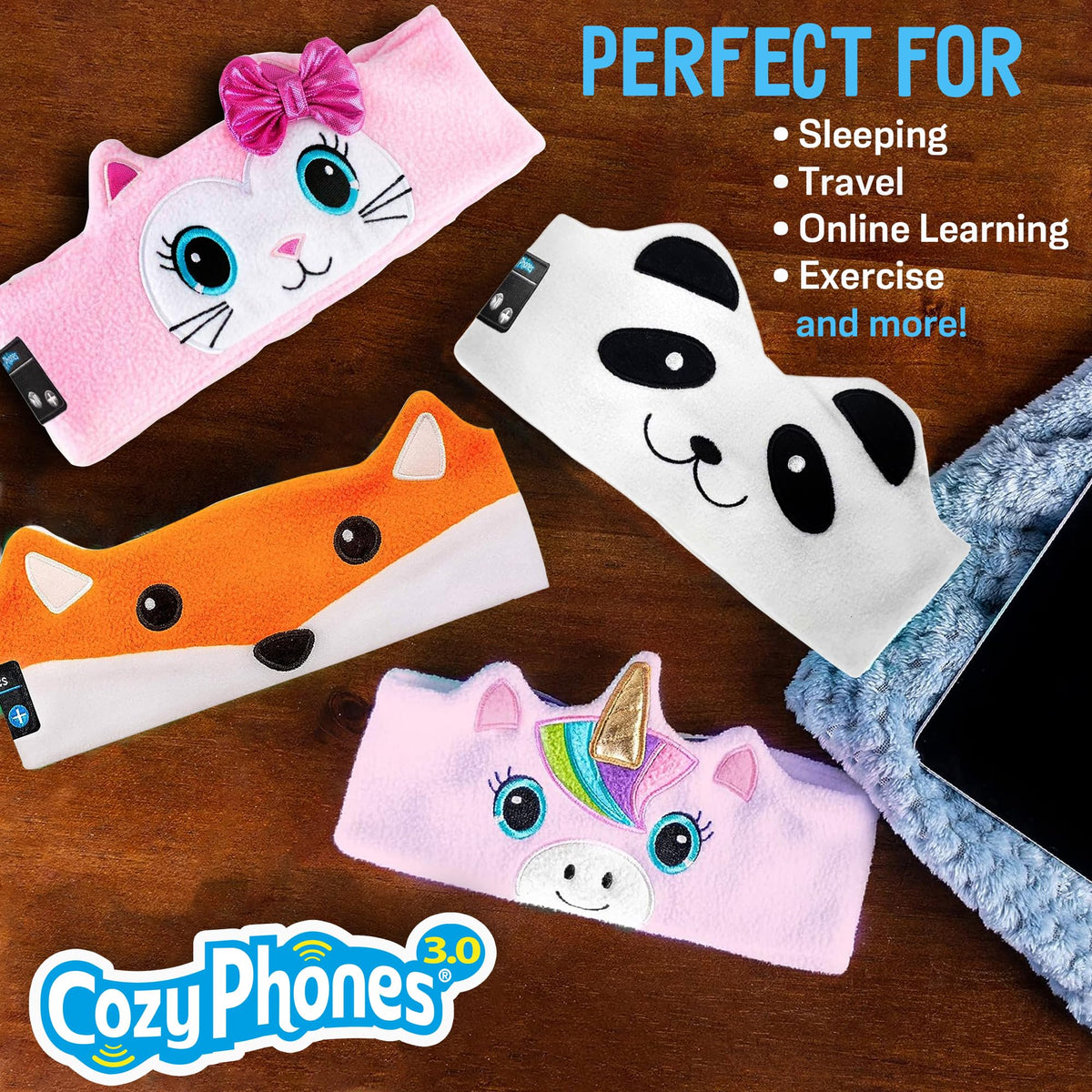 CozyPhones next to a toy showing size comparison and child-friendly scale benefit