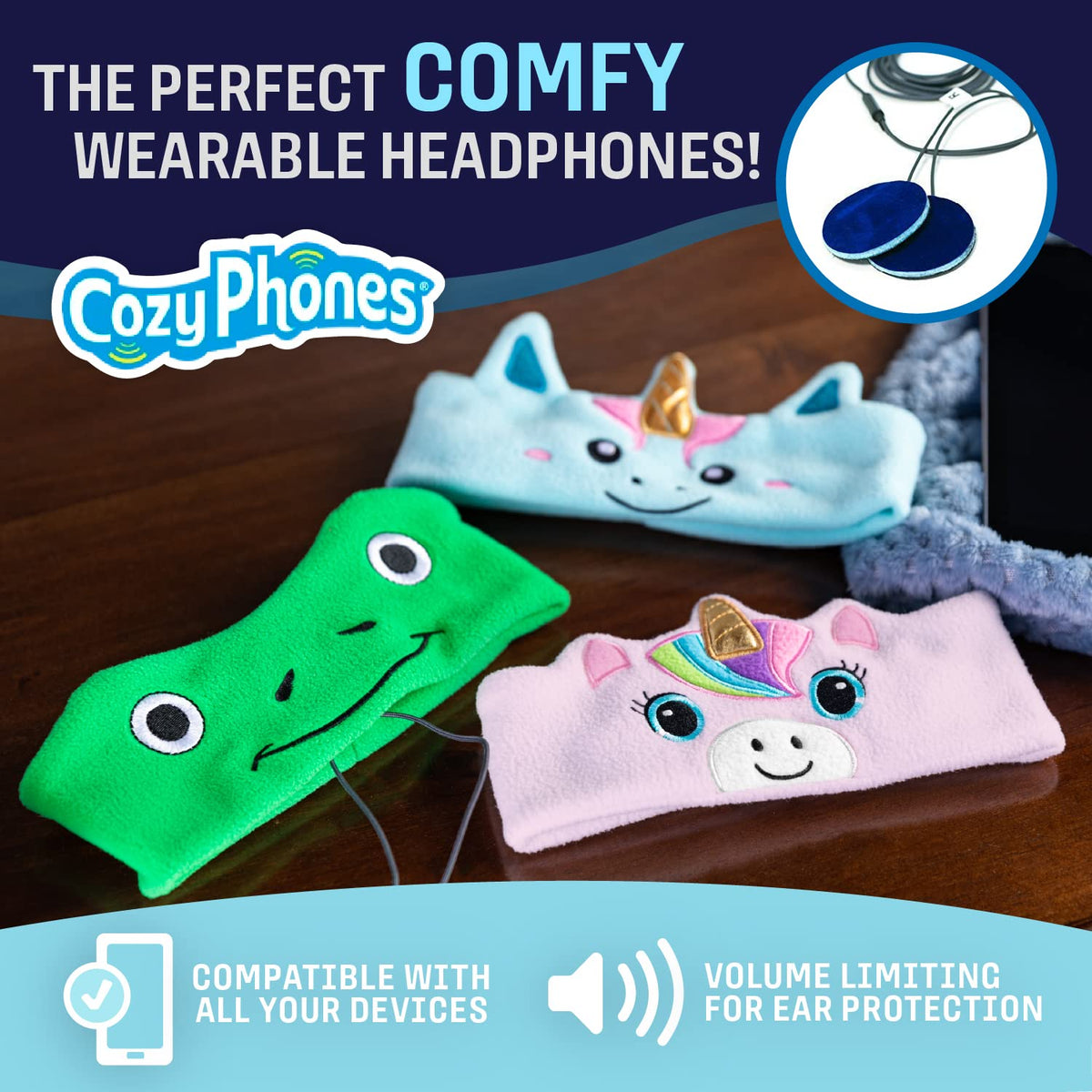 CozyPhones thin-speaker design provides comfortable listening without in-ear buds.