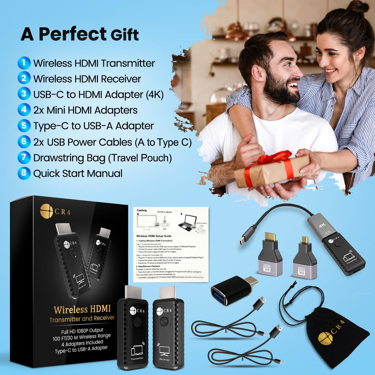 CR4 retail box with contents and warranty card emphasizing included accessories and support