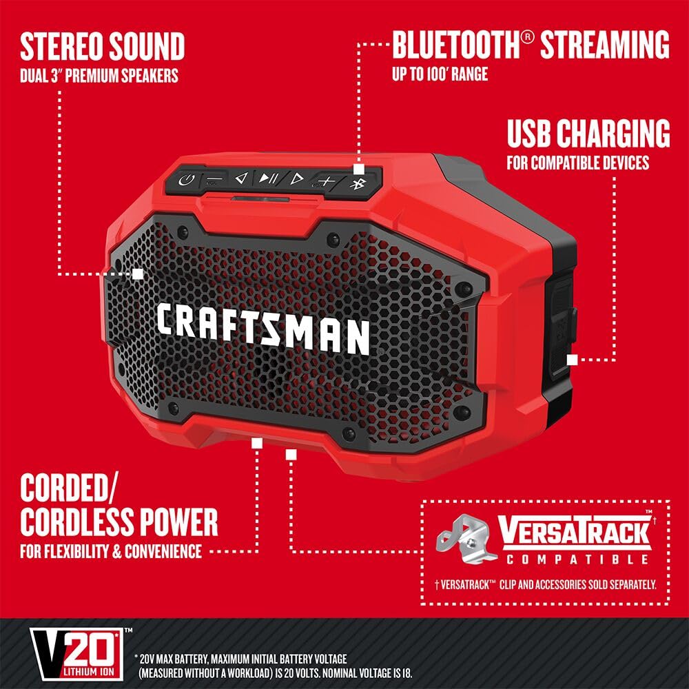 CRAFTSMAN V20 speaker control panel top view enables easy playback control