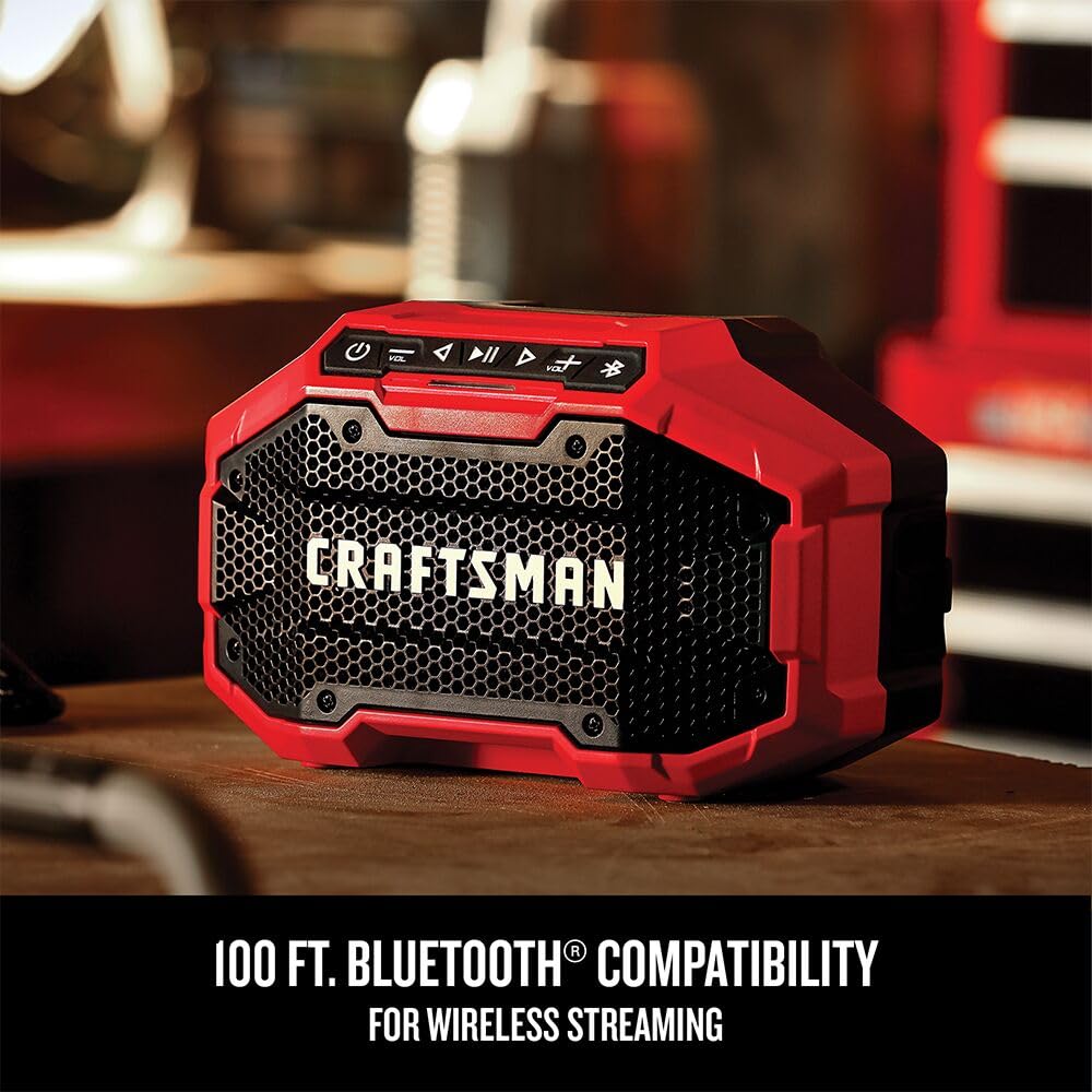 CRAFTSMAN V20 speaker range icon illustrates up to 100 ft Bluetooth connectivity