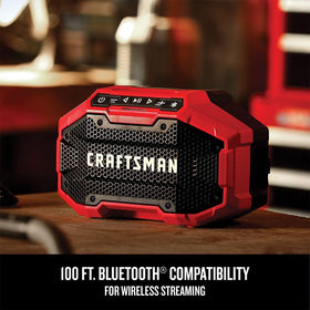 CRAFTSMAN V20 speaker range icon illustrates up to 100 ft Bluetooth connectivity
