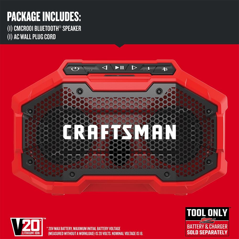 CRAFTSMAN V20 speaker side view highlights rugged portable design for on-the-go use